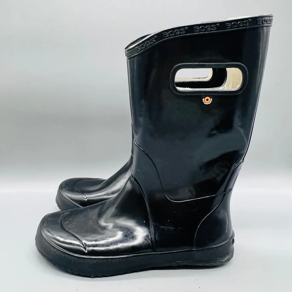 Bogs Boots Youth 6 Black Rubber Patent Waterproof Tall Pull On Handle Rain Shoes